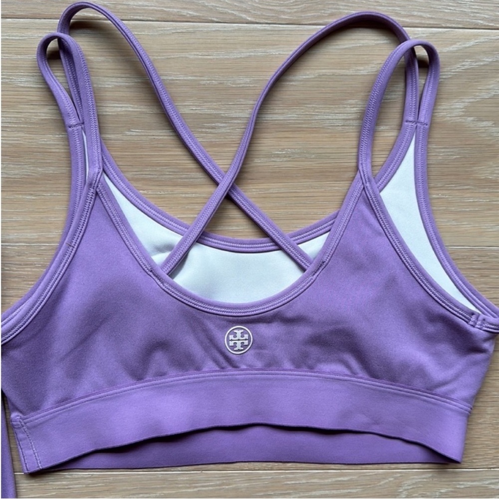 Purple and White Sports Bra with Cross Back Design